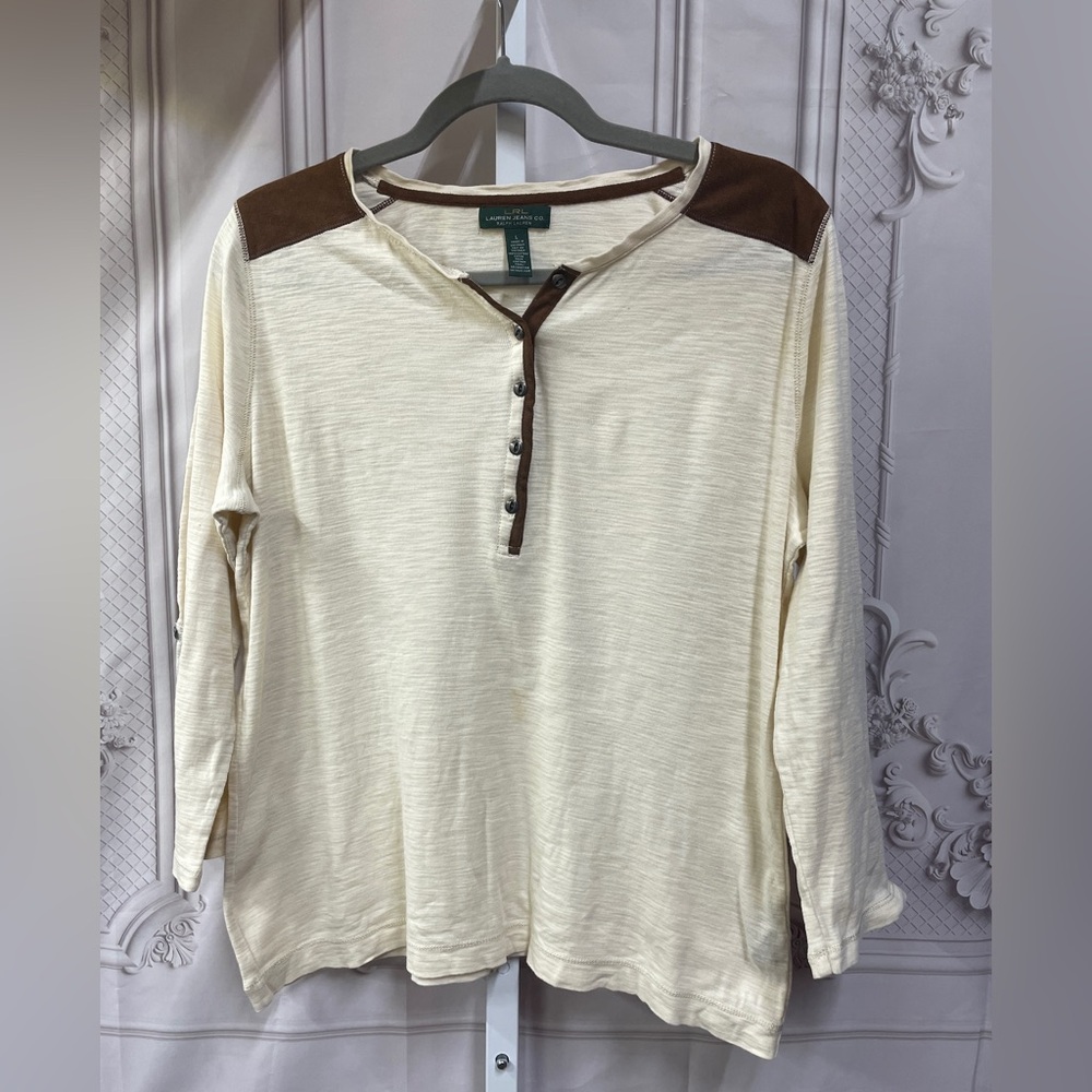 Lauren Jeans Co Ralph Lauren Western Faux Suede M Henley Roll Tab Sleeve Top